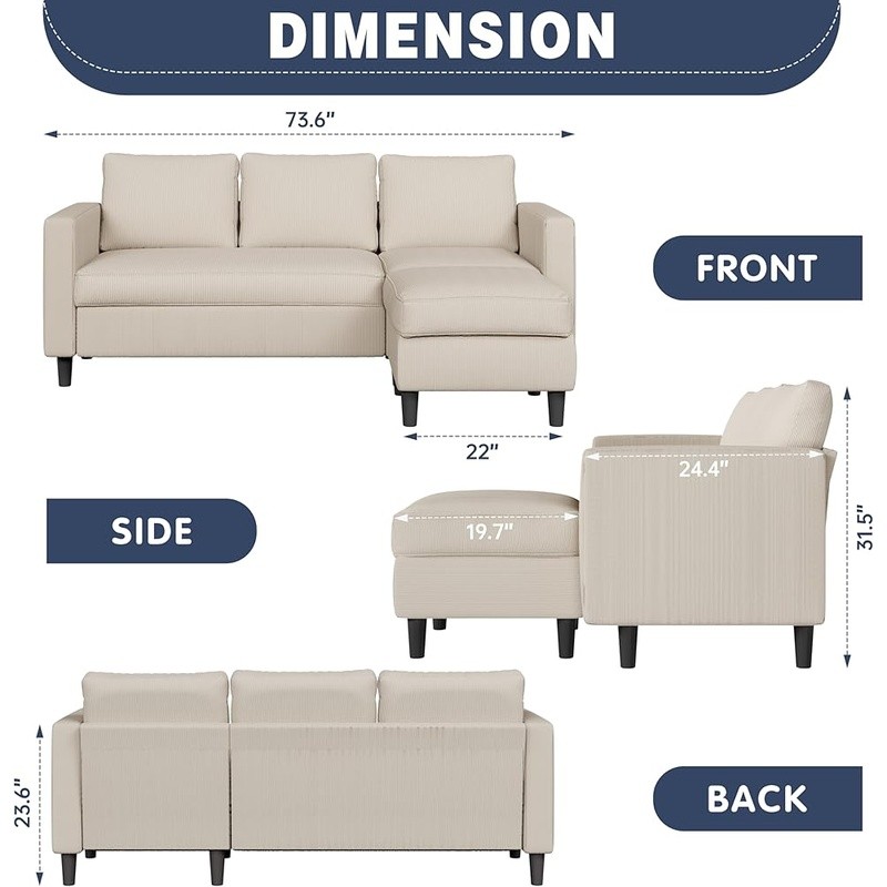 L Shaped Sofa Small Space Sectional Couch W/ Movable Ottoman Living Room New