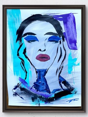 Daydreaming Lady Maria Callas Acrylic And Chalk On Paper Signed Unframed 11 x14 