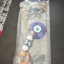 Blue Evil Eye Glass  Rope Wall Hanging Decor, White Beige Mystical Style
