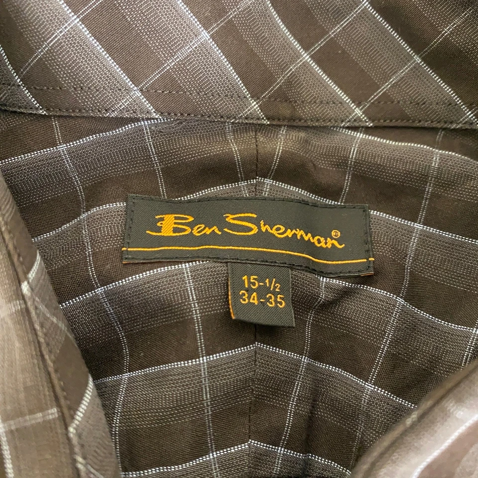 Camisa de vestir Ben Sherman para hombre 15,5 34/35 marrón a cuadros manga larga con botones Foto 3 de 4