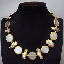 Collar Gargantillas Mujer Moneda Ojo de Gato Blanco Perla Biwa Gris Agua Dulce