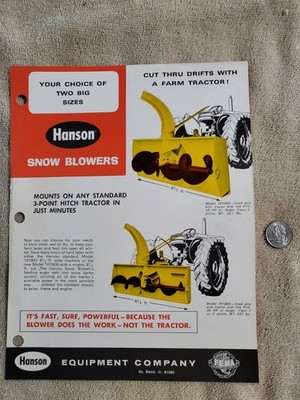 HANSON Vintage 1960s Snowblowers Sales BROCHURE Tractor Rear Mount PTO 3point