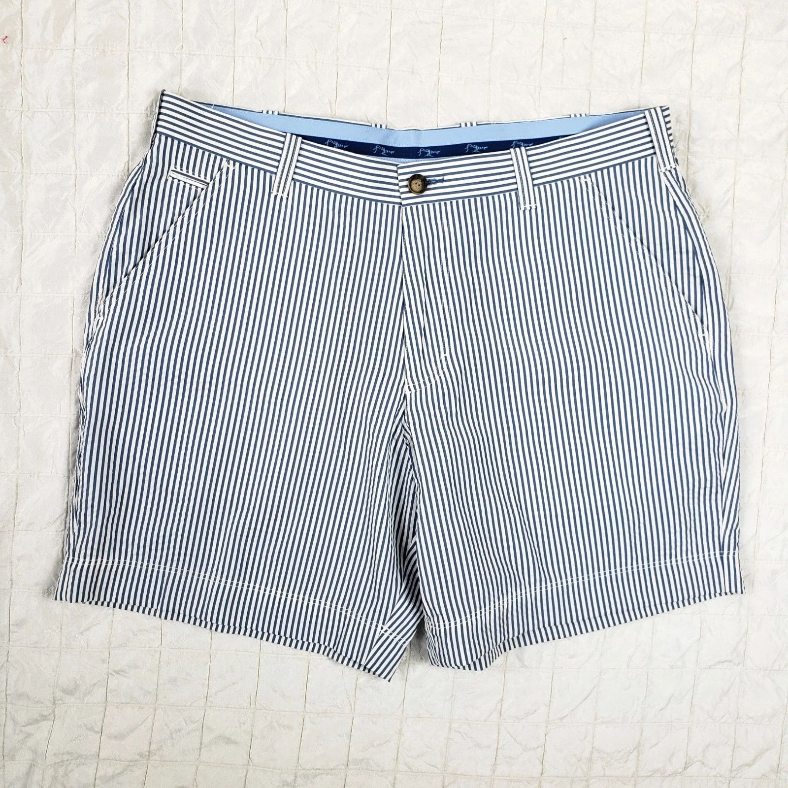 NWOT True Flies Gasparilla Shorts Mens 36 x 8" Ins Searsucker Blue White Preppy