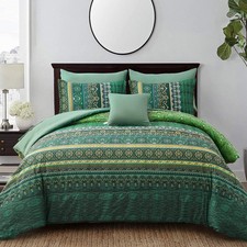 Boho Green Comforter Set King Size,8 Piece Bed in a Bag Bohemian Striped Bedd...