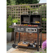 Dual Fuel Gas & Charcoal BBQ Grill 3 Burner Garden Barbecue Smoker Combo Large