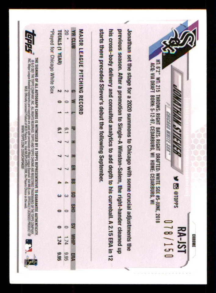 2021 Topps Chrome Rookie AUTO Blue Wave Refractors #RAJST Jonathan Stiever /150 - Image 2 of 2