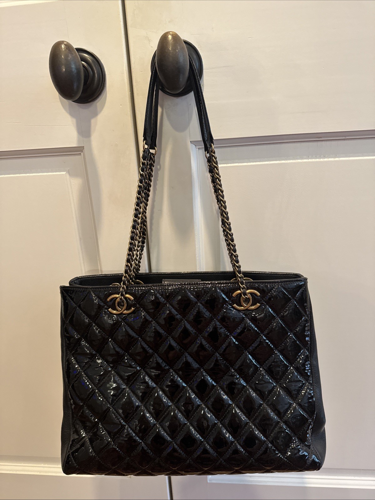 CHANEL Medium Black Patent Leather Tote Bag with CC Logo 11x8x4 Authentic