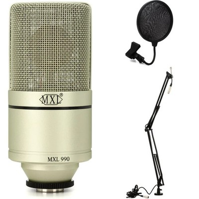 MXL 990 Large-diaphragm Condenser Microphone with Desktop Boom Stand and Pop