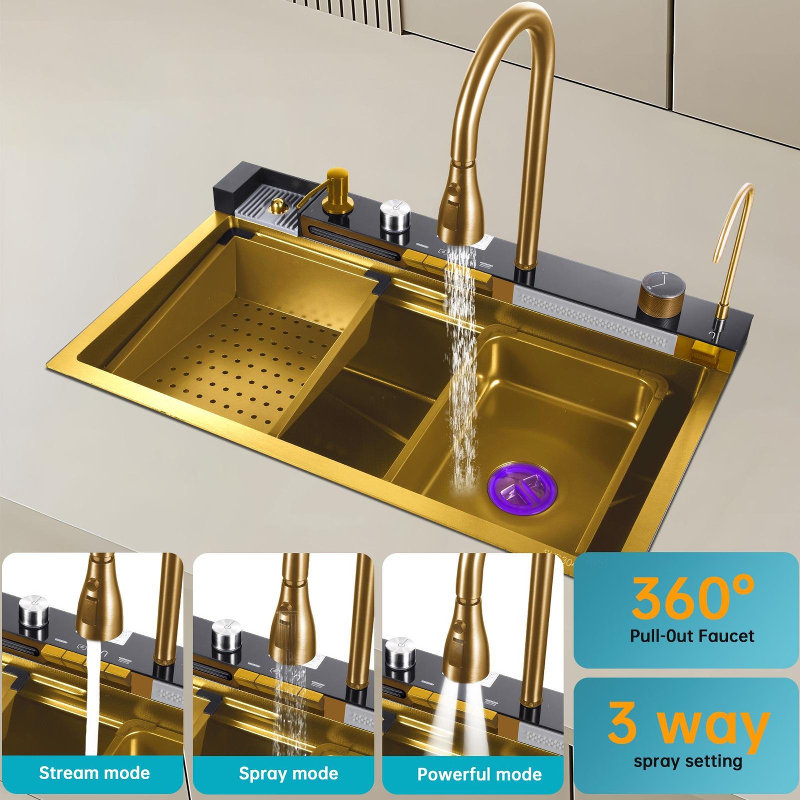 New Flying Rain Stainless Steel Waterfall Kitchen Sink with Faucet Gold 30