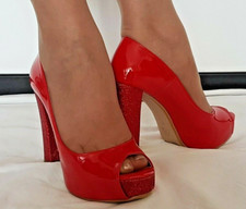 1163 Decolte Spuntate PeepToe Rosse in Vernice Tacco Blocchetto 12 cm Glitterato