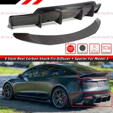FOR 2017-2023 TESLA MODEL 3 V STYLE CARBON FIBER BUMPER DIFFUSER + TRUNK SPOILER