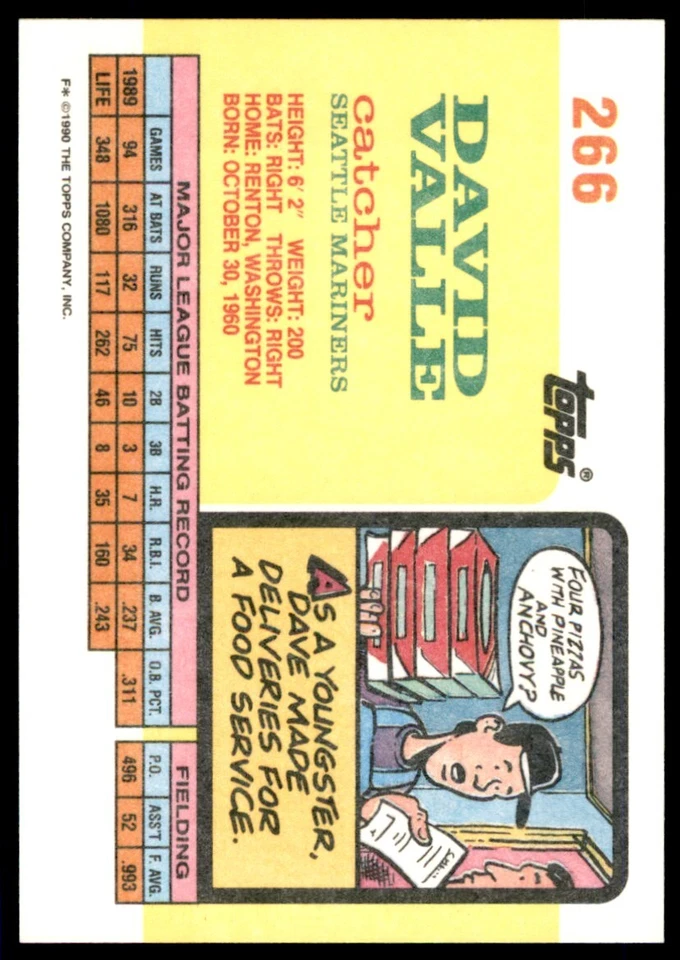 1990 Topps Big Dave Valle Seattle Mariners #266 2087 - Image 2 of 2