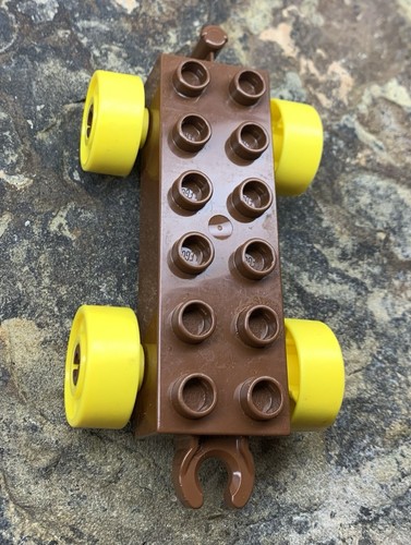 Lego Duplo 2x6 Car Base w/ Open Hitch End. Brown w/ Yellow Wheels. #11248c01.