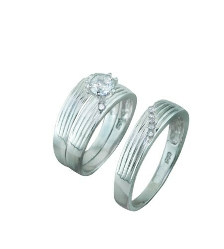 Silver Trio Wedding Ring Sets, 0.925 Sterling Channel Setting CZ Stones , Ribbed - Picture 1 of 1