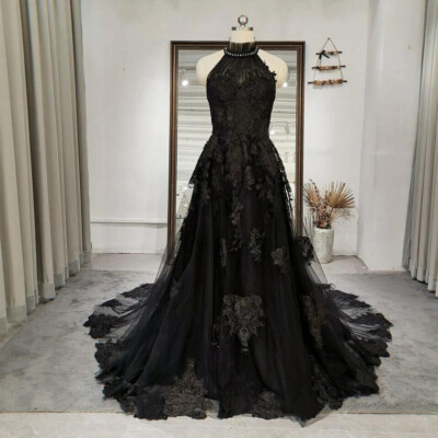 Gothic Black Wedding Dresses Halter Neck Backless Sweep
