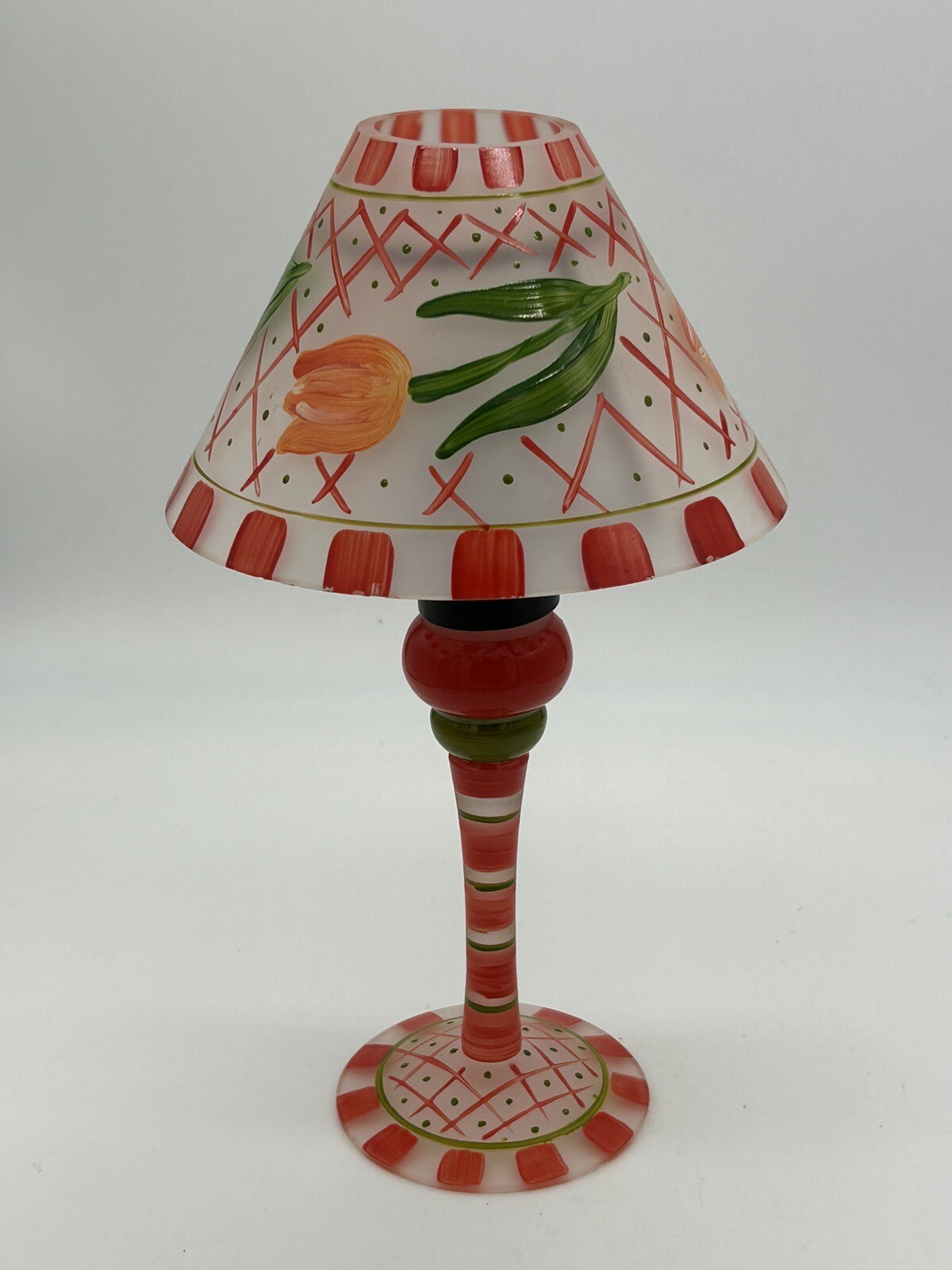 Hand Painted Artglass Glass Tealight Candle Holder/Lamp Orange & Green w/ Tulips