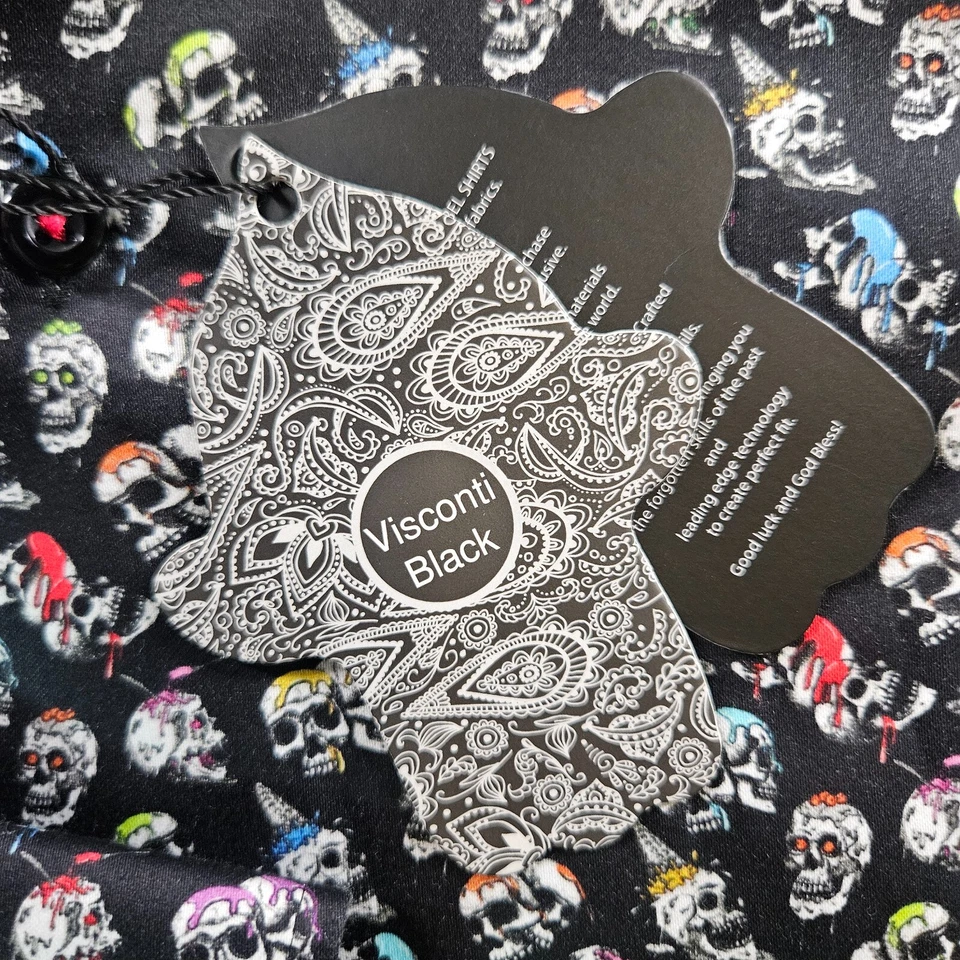 NUEVO CON ETIQUETAS Camisa Visconti Negra Botón Hombres Pequeña Estampado Calavera Manga Larga Negra - NUEVA Foto 2 de 4