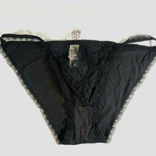 Victoria's Secret Large String Bikini Black Cotton Floral Lace Vtg