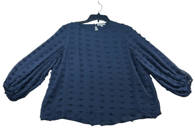 Ophelia Roe Tunic Blouse Womens size Medium Navy Blue Poms Sheer Lined New