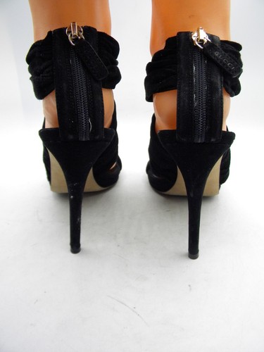 GUCCI Black Suede Strap Gold Logo High Heel Sandals Zip EU 37.5 US 7.5 - Picture 9 of 13