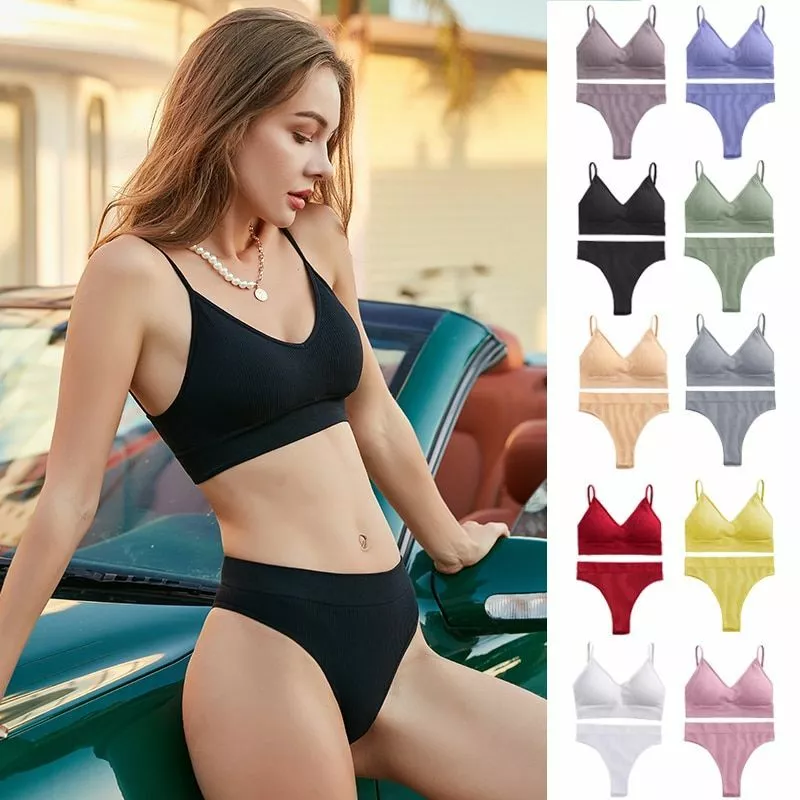 2pcs Seamless Padded Bra Panties Set Sport Crop Top Lingerie Underwear For  Women