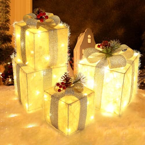Christmas Lighted Gift Boxes, Set of Light Up 4 Tinsel and Silver