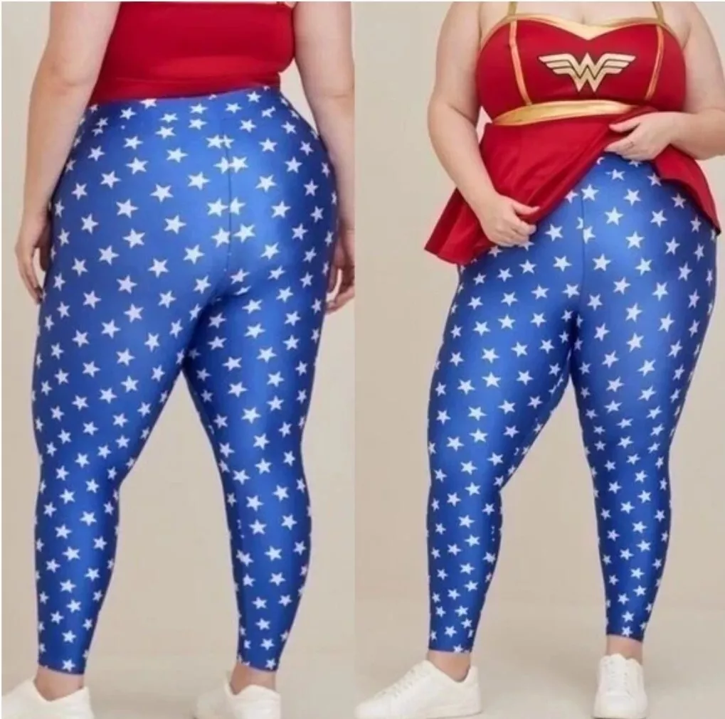 Torrid 2 Wonder Woman Blue Star Print Liquid Leggings Plus-size 18-20 NWT