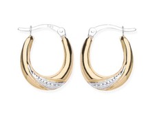 9ct Gold on Silver Oval Creole Earrings ~ Patterned Hoop