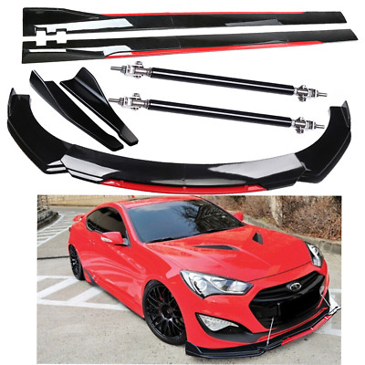 Front Bumper Lip Splitter + Side Skirt Glossy Black +Red For Hyundai Genesis