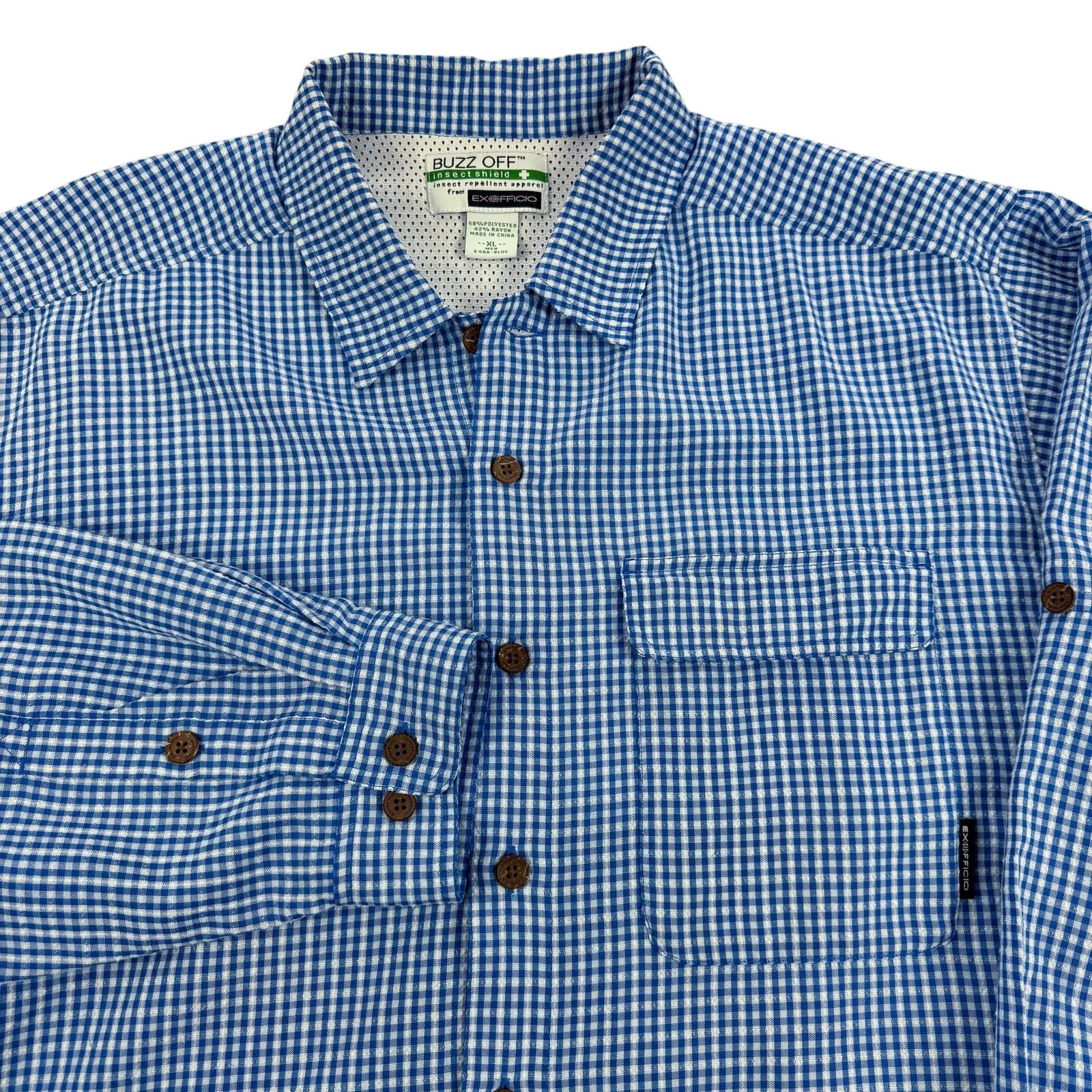 ExOfficio Buzz Off Shirt Mens XL Blue Check Insect Shield Long Sleeve Hiking