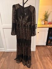 NWT Giffniseti Black Gold Sequin Balloon Sleeve V-Neck Maxi Dress Zip XL Mesh