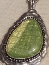 Green Teardrop Statement Necklace Silver Tone Pendant Turquoise Beaded Chain...