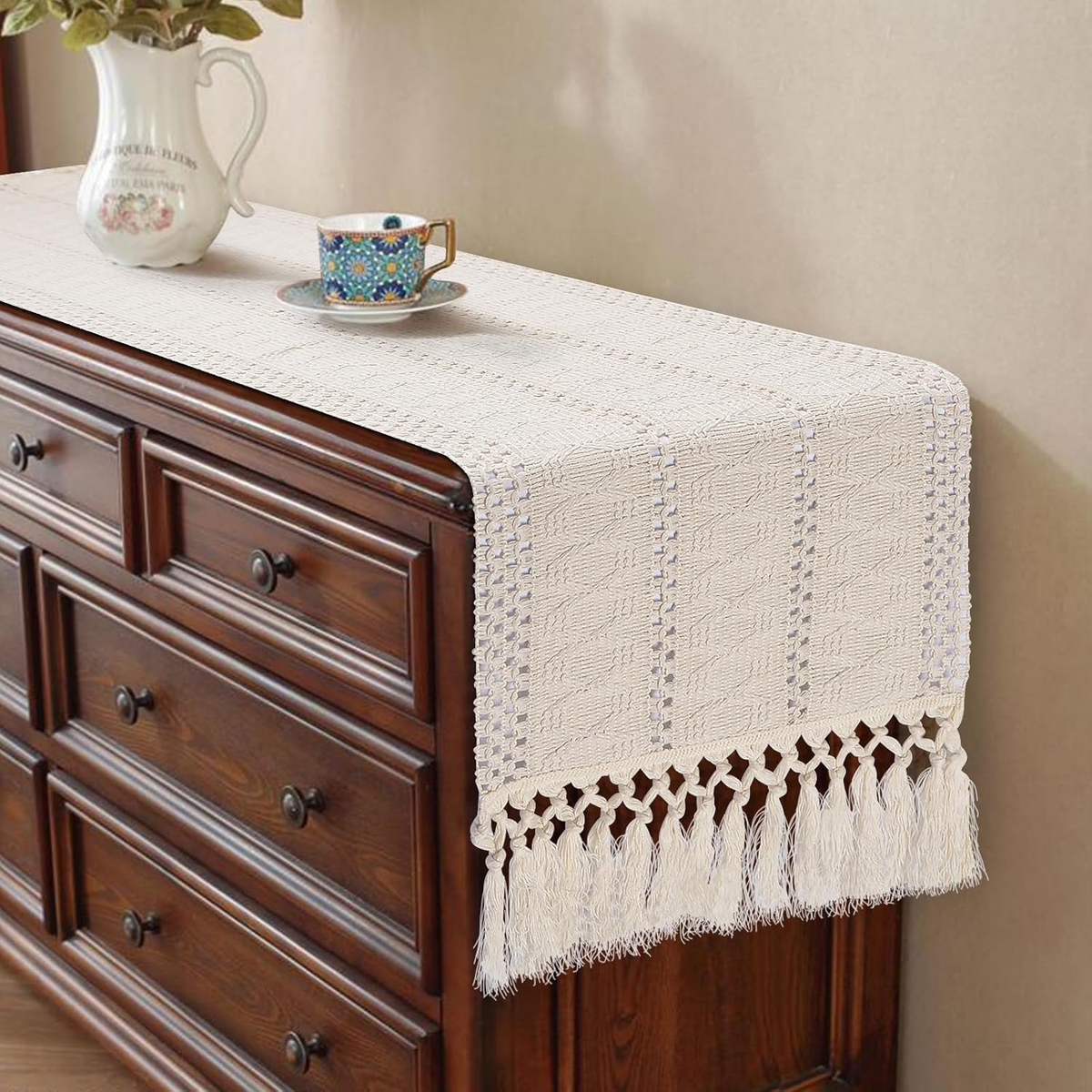 dresser runner Vintage Hand Embroidered Table Runner Dresser Scarf Floral Leaves Croc –  Avid Vintage main image 0