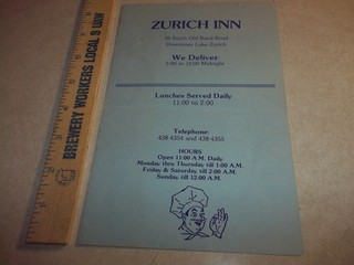 Vintage 1987 ZURICH INN RESTAURANT PIZZA MENU Lake Zurich Illinois Il. Food