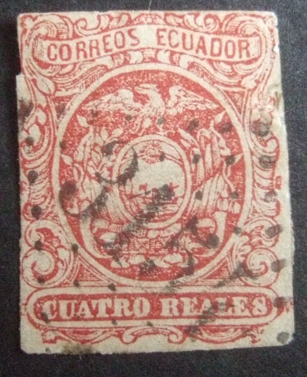 💥GOOD USED 1866 ECUADOR IMPERF 4r RED/BROWN - SG. 4💥