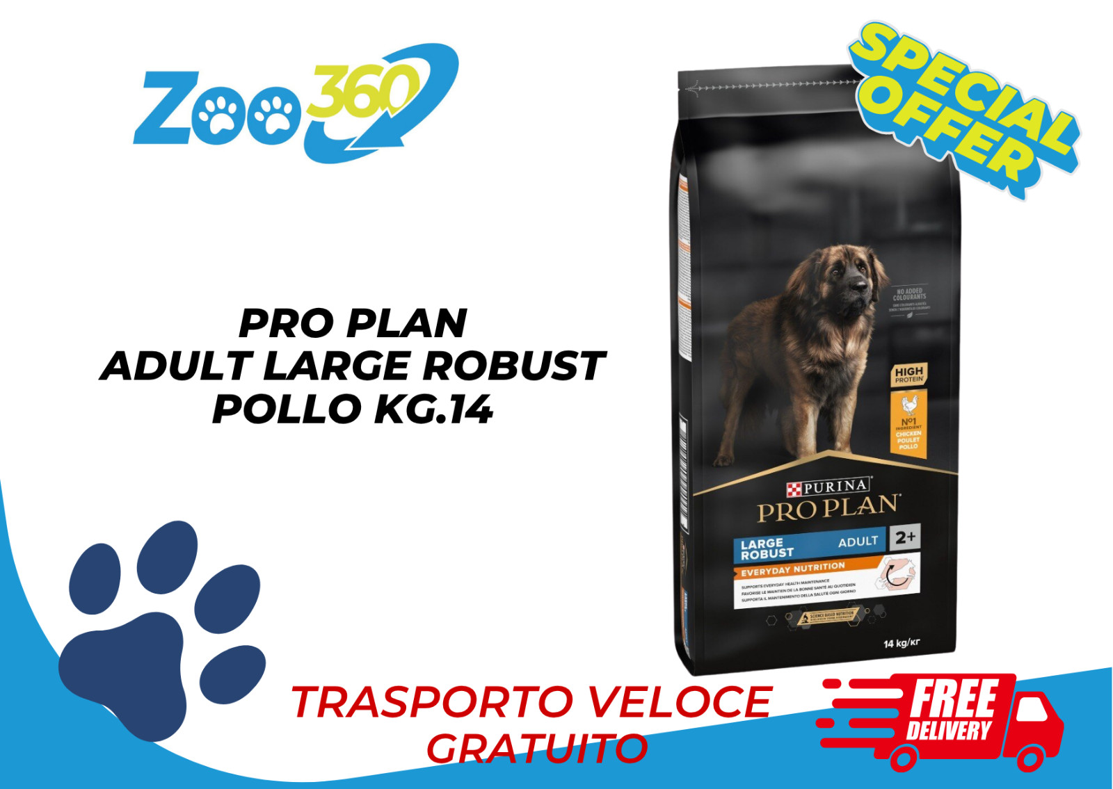 PRO PLAN ADULT LARGE ROBUST POLLO KG.14 SCAD.11/2026 + TRASPORTO GRATIS