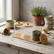 3-Piece Glass Storage Jars with Bamboo Lids and Tray for Home Organization