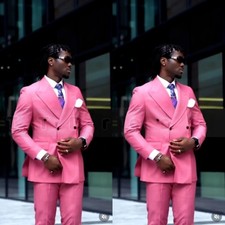 Pink Men Suits Wedding Groom Tuxedos Wide Peak Lapel Prom Double Breasted Suit