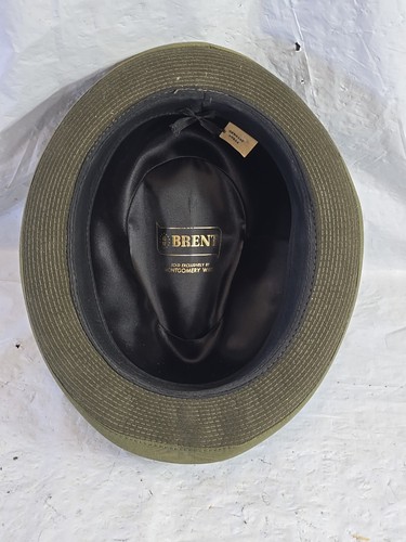 1970s Brent Genuine Green Suede Mens Size 7 1/8 Fedora Hat Feather Vintage Wards - Picture 9 of 15