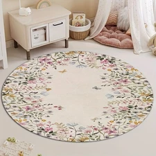 Luxury Velvet Round Area Mat - Bohemian Floral Print Non-Slip Machine Washable L