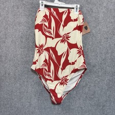 S-11 Women's Red Floral Print Bandeau High Leg Cheeky One Piece Swimsuit - M