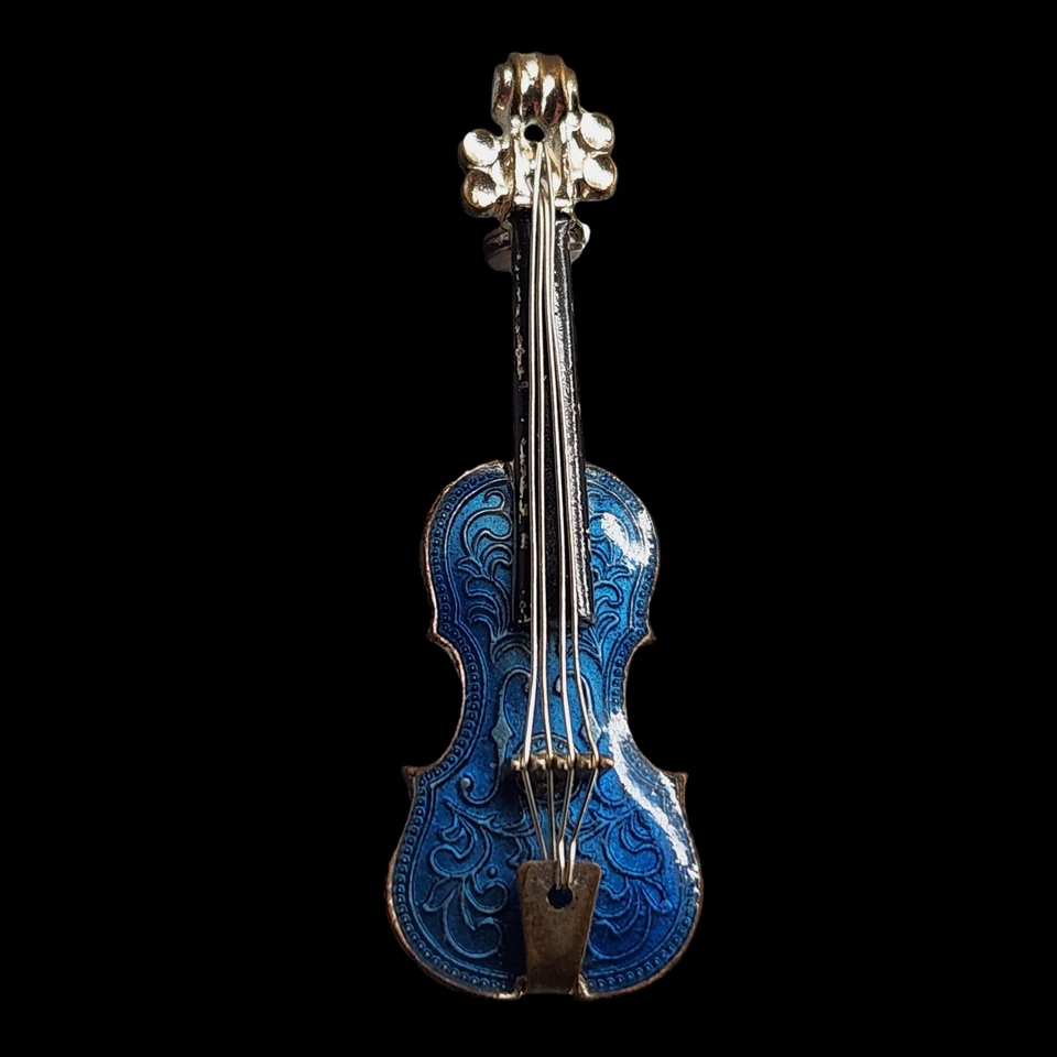 Broche de violín guilloche azul vintage Alemania Occidental esmalte viola violonchelo prendedor LEER Foto 2 de 4