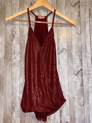Lily White Metallic Sparkly Red Surplice Neck Draped Tank Top Racerback Small
