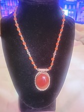 GORGEOUS CARNELIAN PENDANT NECKLACE  W STERLING SILVER ACCENTS BEADS CLASP 14"