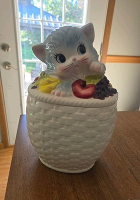 Vintage Japan Cat Kitten In A Fruit Basket Cookie Jar ADORABLE