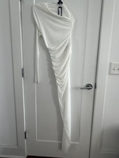 PrettyLittleThing White One Shoulder Ruched Maxi Dress Thigh Split NWT US 4