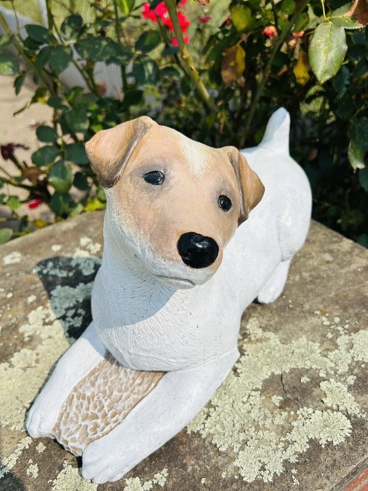 Perro Jack Russell Terrier, Estatua de Jardín de Piedra Fundida Hecha a Mano - NUEVO Foto 3 de 4