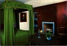 Vintage Postcard Four-Poster Canopy Bed with Green Drapes