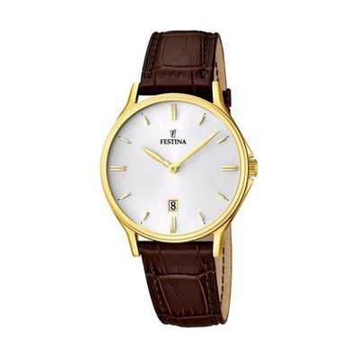 Festina klassische goldfarbene braune Herren-Lederarmbanduhr F16747/1