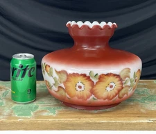 Antique Vtg Floral Glass Oil Lamp Shade Student GWTW Red Orange Flower 7" Fitter